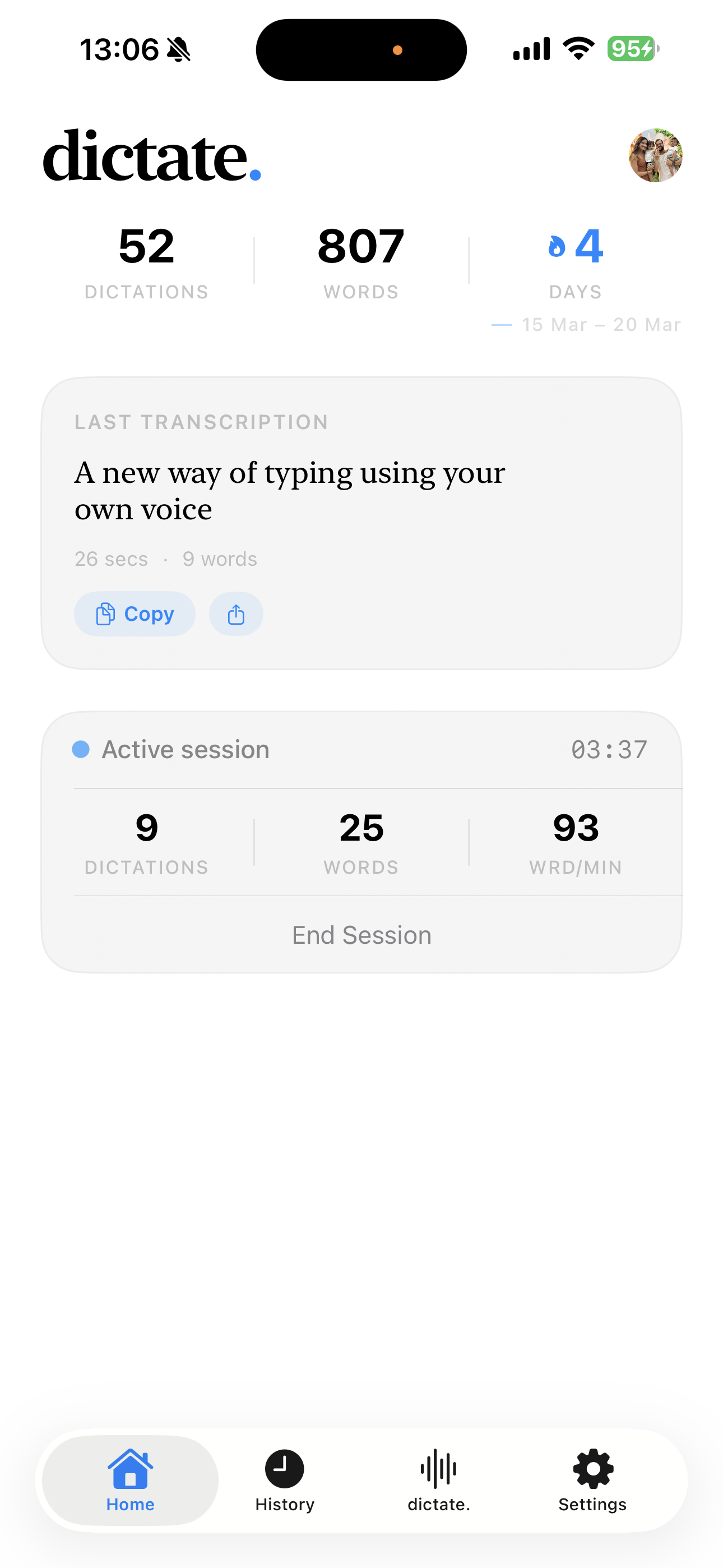 dictate. home screen showing transcription stats and session