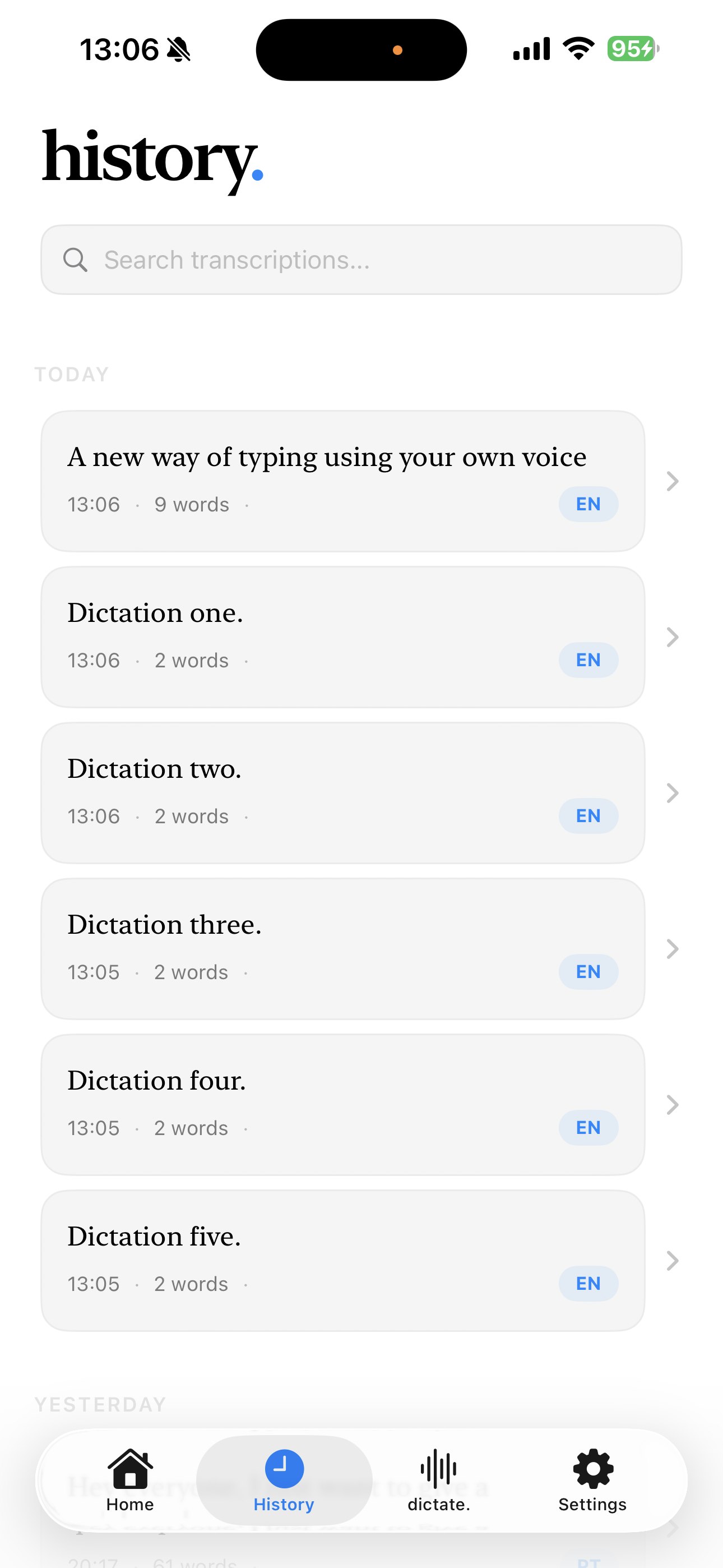 History — searchable transcription timeline