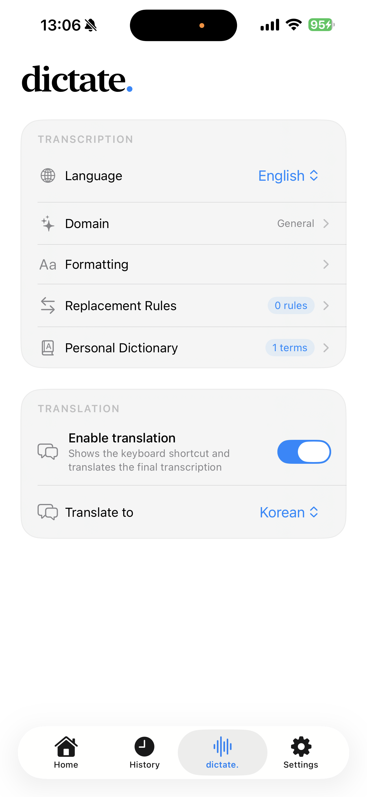 Settings — language, domain, and appearance