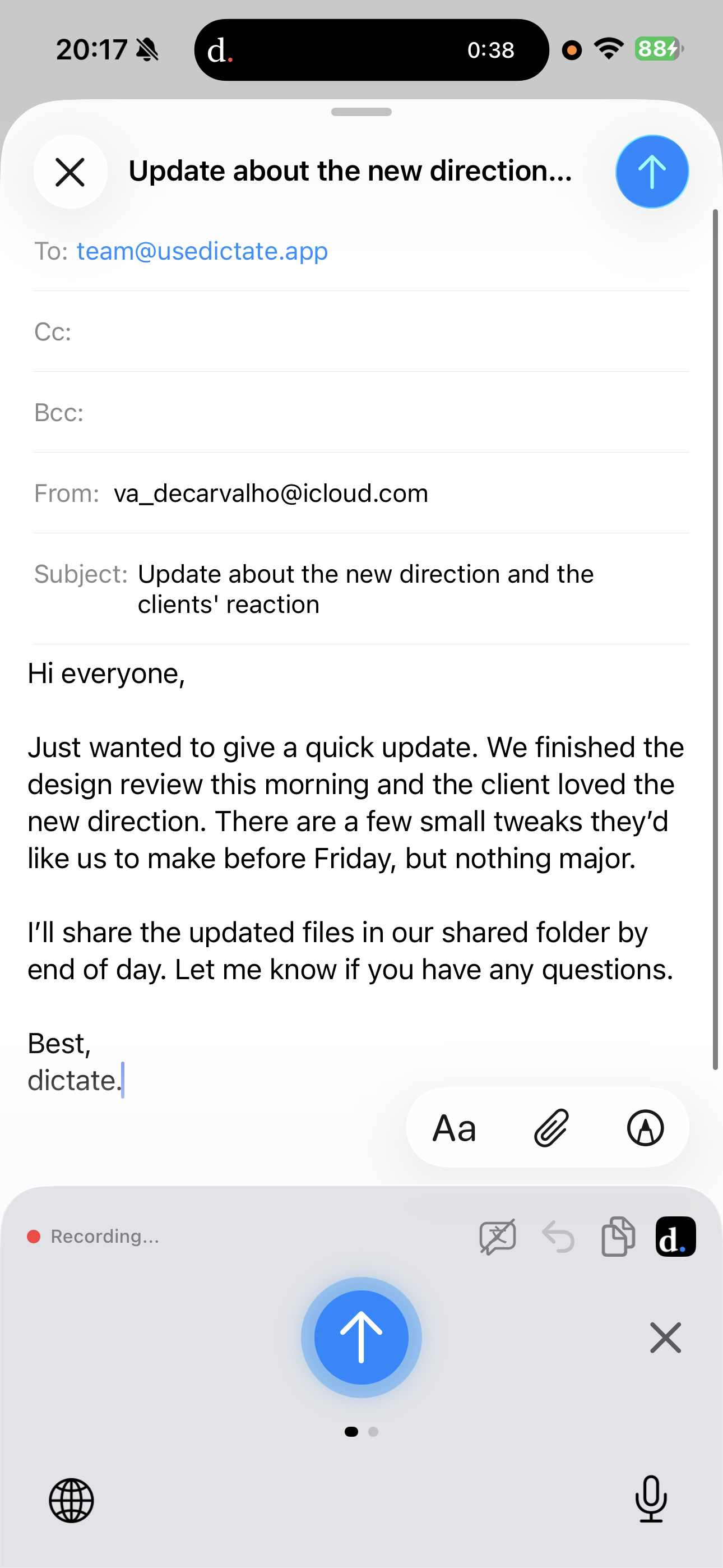 Mail — composing email with voice dictation